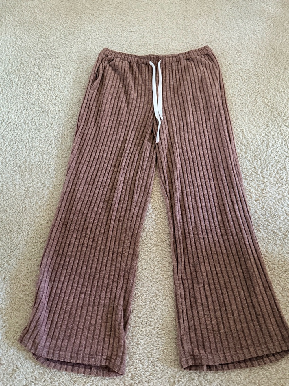 SHEIN Ribbed Wide-Leg Drawstring Pants - Mauve Brown